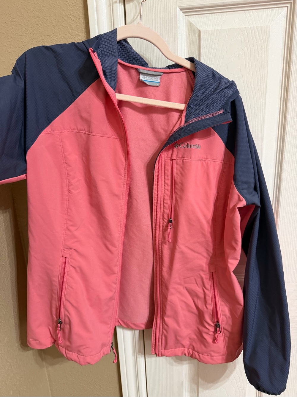 Columbia Coral Pink Jacket with Navy Hood